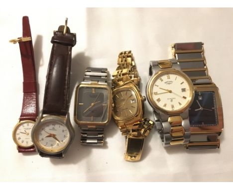 A bag of six assorted wristwatches including Rotary and Omega.