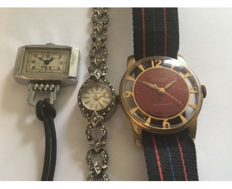 Three Vintage watches a Ginebras 17 Jewel, a Nurses Watch and a Ladies Coctail marcasite Watch . (As seen)