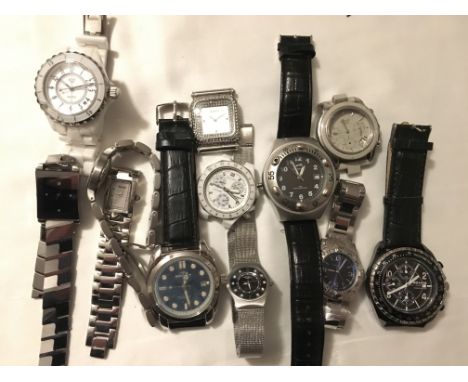 A bag of twelve assorted wristwatches including Rotary, Police and Identity.