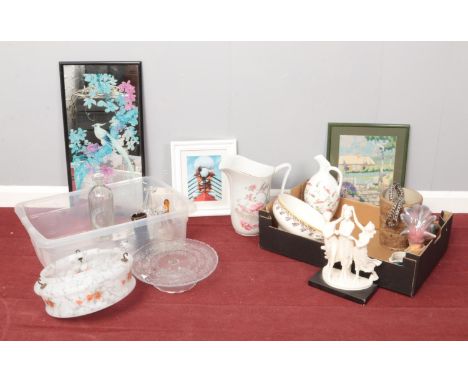Two boxes of miscellaneous. To include a Schweppes soda siphon bottle, glass ceiling light shade and a large ceramic water ju