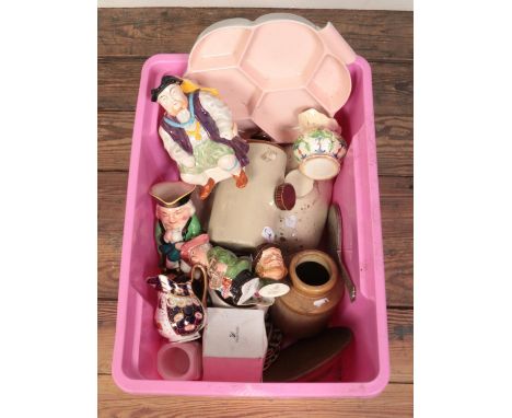 A box of miscellaneous. Includes stoneware, toby jugs, Poole etc.  