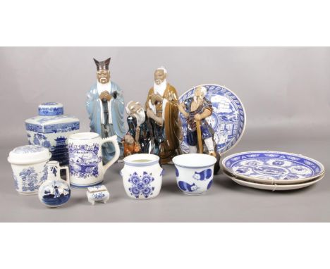 A quantity of assorted ceramic's. Oriental figures, Ringtons oriental style lidded tea caddy, Mason's 'Willow' lidded pot etc