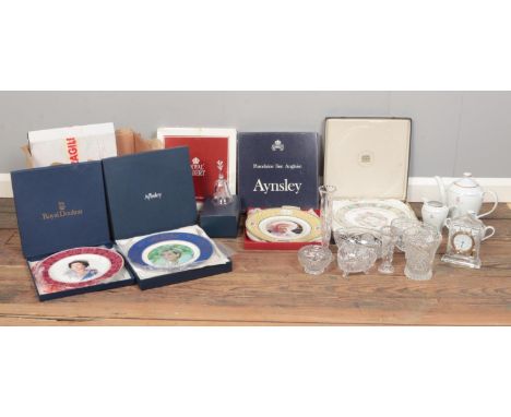 An assortment of Royal commemorative ware and cut glass. To include ceramic collectors plates celebrating the Royal family, a
