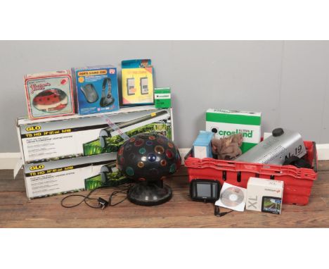 Three boxes of mostly electricals. To include two boxed Linear lighting for aquariums, disco light, Crosland Oil Filter and a
