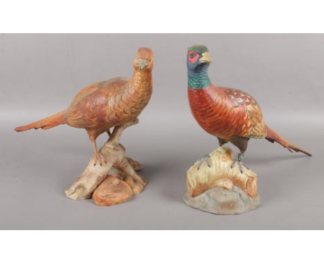 A pair of Spode Pheasants; Cock and Hen, both perched on logs.  Cock Pheasant has become detached from plinth at the legs. Pi