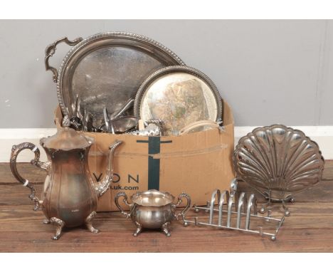 A box of mainly silver plate ware. Coffee pot, serving tray, toast rack etc to include flatware.  