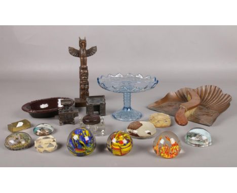 A quantity of miscellaneous. Glass paperweights, glass inkwell with velos bakelite lid, glass blue cake stand etc  