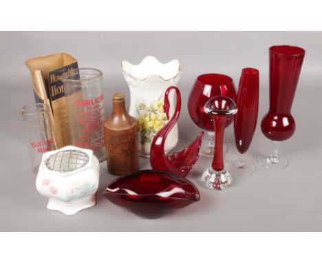 A quantity of miscellaneous. Whitefriars red glass swan, assorted red glassware, vintage glass Horlicks mixer (boxed), Bird &