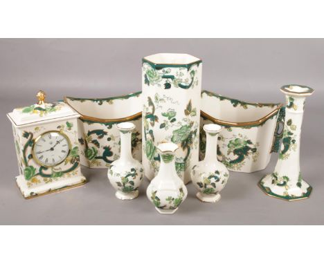 A collection of Masons Chartreuse pattern ceramics. Includes a pair of planters, vases, clock, candlestick etc.  