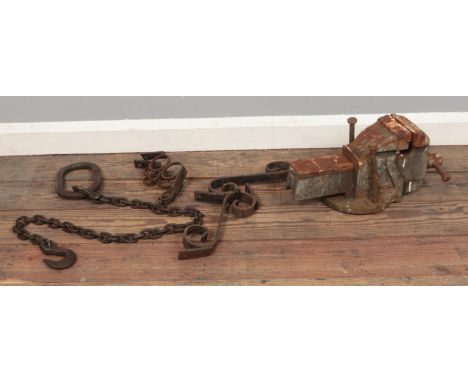 A small quantity of metalwares, To include Kuplex-T chain and hook, Record No4 vice and hanging basket brackets.  