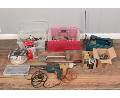 A quantity of tools and equipment. To include two Black &amp; Decker drills, drill bits, sockets, screws, knee kicker and cla