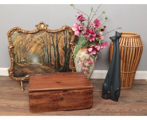 A small quantity of miscellaneous. Large ceramic vase 42cm height, gilt framed fire screen, Bamboo vase 53cm height etc  