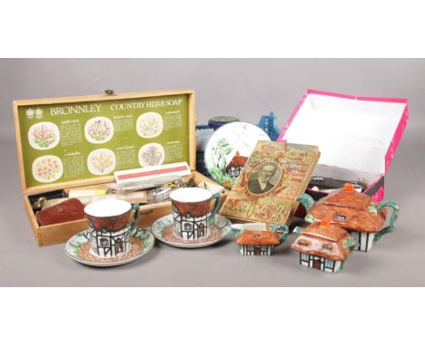 A quantity of assorted collectables. Vintage Fisherman's friend tin, Maddock ceramic cup/saucer, Josiah Mee, Thomas Champness