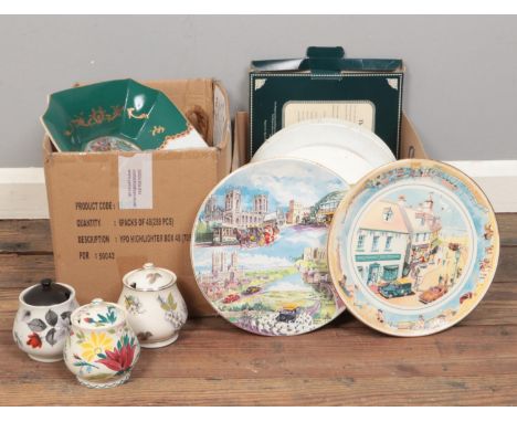 Two boxes of miscellaneous. Midwinter stylecraft lidded jars, Ringtons Heritage plate, Ringtons 'Seaside days' limited editio