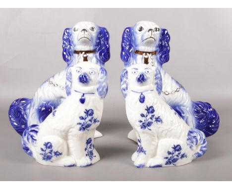 Two pairs of ceramic blue &amp; white mantel dogs. (31.5cm tallest)  