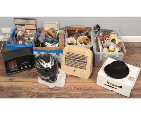 Four boxes of miscellaneous. Including art deco heater, motorbike helmet, Sylvac, Whiteley hat in box, HMS valve radio, etc. 