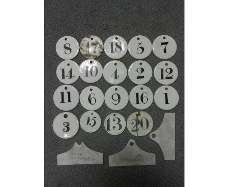 A collection of sixteen Victorian ceramic circular numbered bin labels marked Charles Farrow and Wedgwood, and few others of 