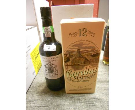 Cardhu Pure Malt 12yr old whisky, one litre (boxed); and a bottle of St Johns College Ruby Port (2) 