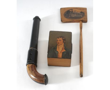 A Selection of Mauchline Ware, to include a Stampbox with a Portrait, a Toy Gun and a Wooden Hatchet (3 Items)