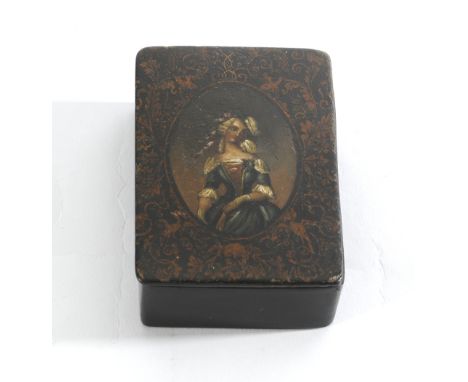 An 18thC Ebony Snuff Box with decoration to the lid