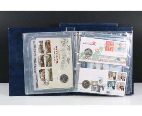 A collection of Royal Mail / Royal Mint Philatelic Numismatic stamp &amp; crown / 5 shilling / £5 coin covers enclosed within