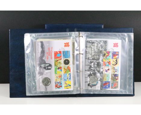 A collection of Royal Mail / Royal Mint Philatelic Numismatic stamp &amp; crown / 5 shilling / £5 coin covers enclosed within