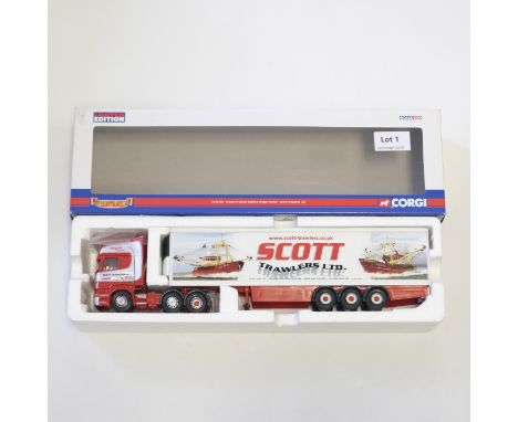 Manufacturer  - Corgi | Description - Scania R Series Topline Fridge Trailer - Scott Trawlers LTD | Stock Code - CC13705 | Mo