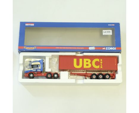 Manufacturer  - Corgi | Description - Scania T Topline Skeletal Trailer &amp; Container - Bulmers Logistics | Stock Code - CC