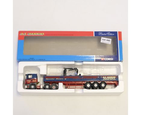 Manufacturer  - Corgi | Description - Scania Dropside Crane Trailer - A.E. Hawkins LTD | Stock Code - CC12223 | Model Conditi