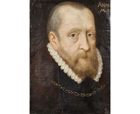SCHULE AUS DEM XVI JAHRHUNDERT "Porträt eines Adeligen mit Spitzenkragen und Goldkette"  Öl auf Leinwand, bez."ANNO M.D.", Ve