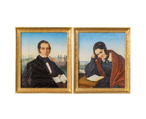 PORTRÄTIST DES 19. JAHRHUNDERTS "Porträts des Ehepaars Ludwig von Thomson und Auguste von Thompson" Öl auf Leinwand, Verso ha