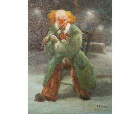 VRBOVÀ, S. MILOSLAVA (1909-1991) "Clown mit Flöte" Öl auf Platte, signiert "M.Vrbová", HxB: 40/30 cm. Rahmen, HxB: 50/40 cm. 