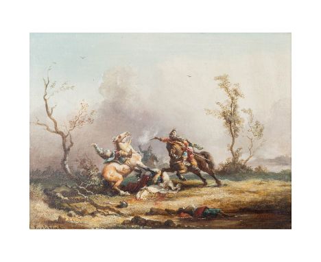 ERXLEBEN, AUGUST (1822-1867) "Schlachtenszene" Öl auf Leinwand/Platte, signiert und datiert "Erxleben 62", HxB: 23/30 cm. Lei