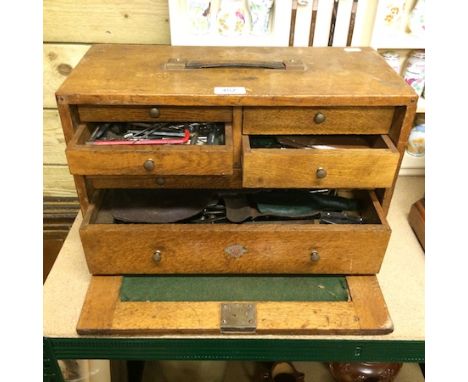 An engineer's oak tool box, containing tools, 44cm