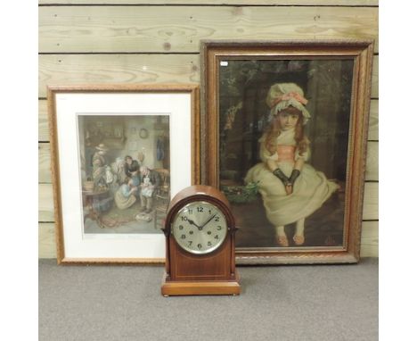 An early 20th century walnut and inlaid mantel clock, together with two prints