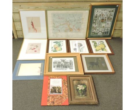 A collection of pictures and prints to include a framed map of Sudbury and a woolwork (12)