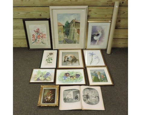 A collection of watercolours and prints, together with a map of Lavenham