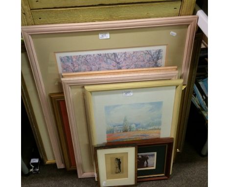 A gilt framed wall mirror, together with various prints