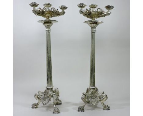 A pair of ornate plated three branch candelabra, each on a fluted column and tripod base cast with shells, on paw feet, 63cm 