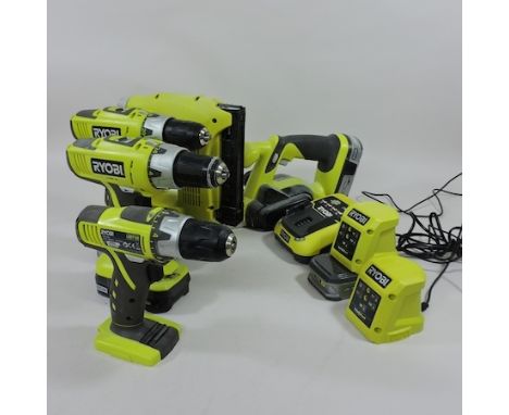 A collection of Ryobi power tools, to include a nail gun, a wood planer and three drills, most rechargeable