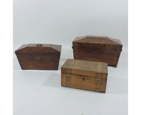 A Regency mahogany tea caddy, of sarcophagus form, together with another and a Tunbridge ware box