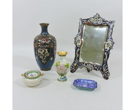 An early 20th century cloisonne dressing table mirror, 31cm tall, together with a vase, 25cm tall, a pin tray and a modern cl