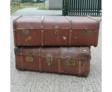 A 20th century canvas and wooden bound travel trunk, 88cm, together with another