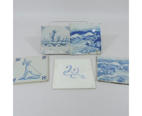 Two 19th century Chinese blue and white tiles, together with an 18th century Delft tile and two others, largest 16cm (5)