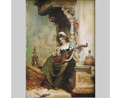 Ellen Clement, portrait of a young lady playing a lute, signed, oil on canvas, 35 x 24cm