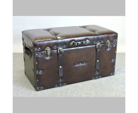 A modern brown leather trunk, with a hinged lid, 82cm