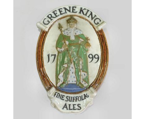 A 1930's Doulton Lambeth stoneware Greene King advertising wall plaque, inscribed Greene King 1799, Five Suffolk Ales, design