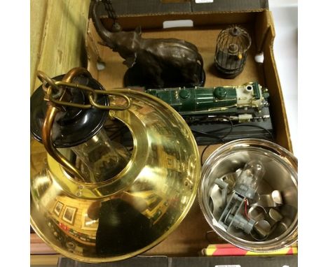 A collection of items to include a brass oil lamp, a mystery clock, a novelty telephone and a bird automaton 