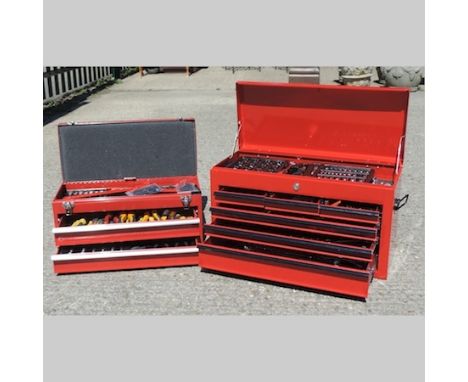 A red painted metal tool chest, 60cm, containing spanners, allen keys and other tools, together with another smaller, contain