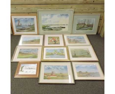 R. D. Theobald, landscape, watercolour, together with a collection of watercolours by Fred Harris